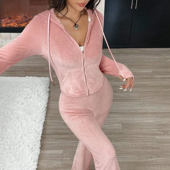 Pink Casual Women's Ribbed Thermal Lined 2-Piece Lounge Set